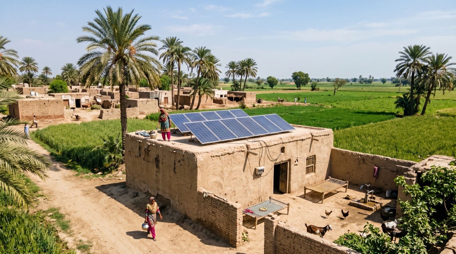 Solar panels on a rural Pakistani village home
